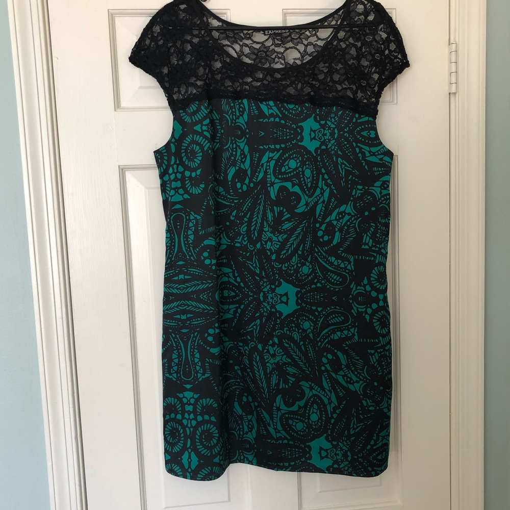 Green and black silk, lace detail dress | Express